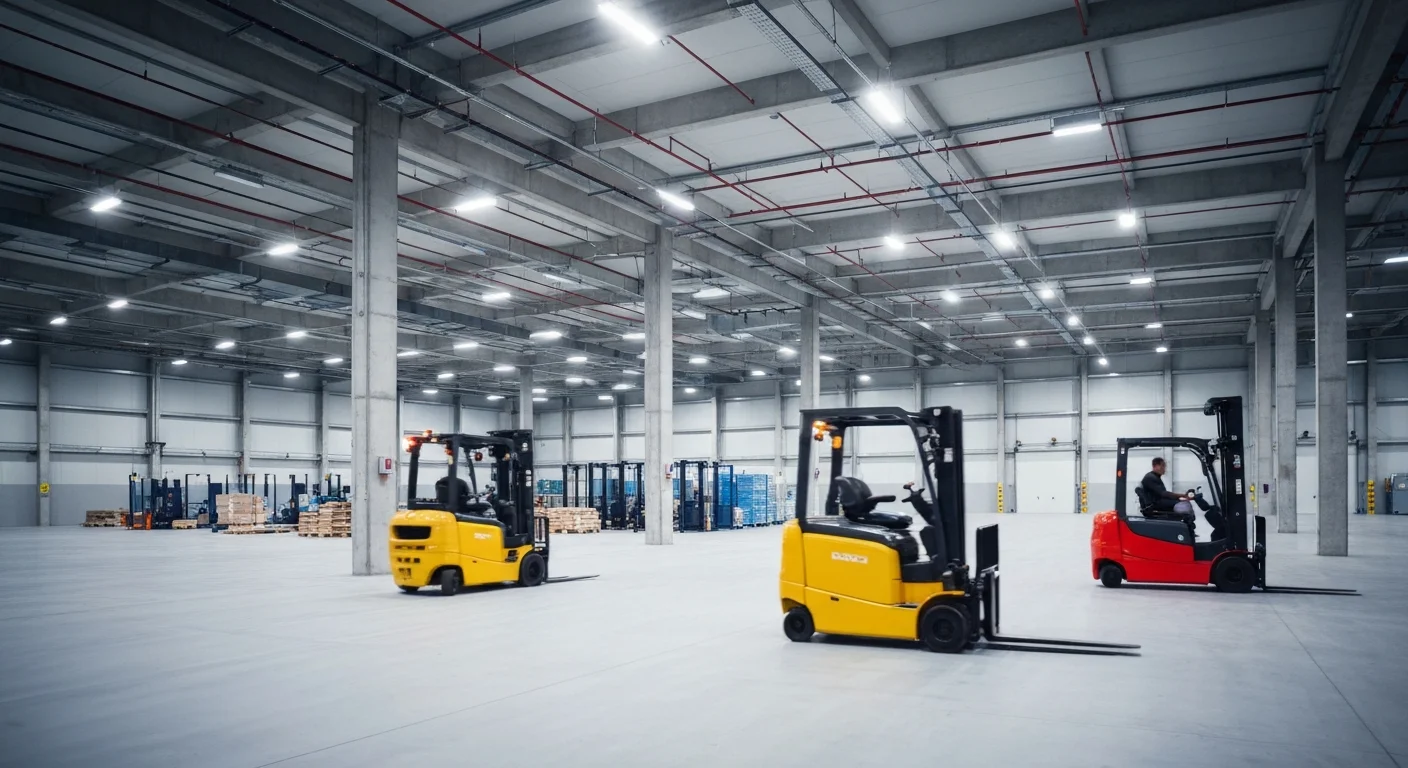 Warehouse with forklifts at work