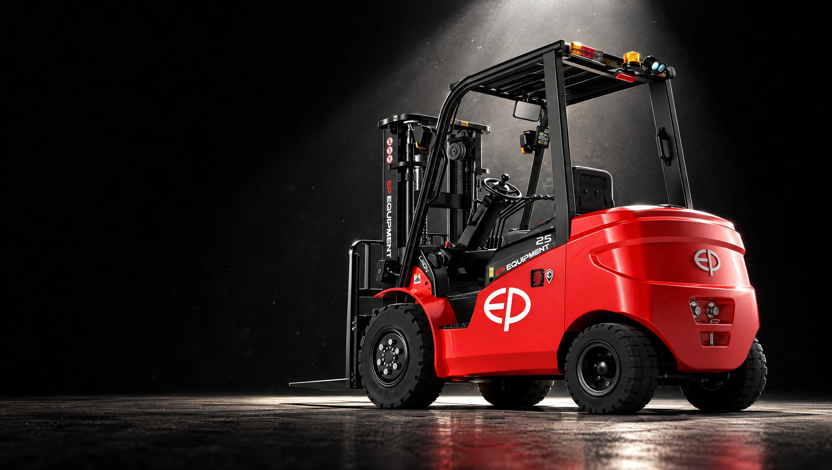 EFL253 electric forklift under a spotlight